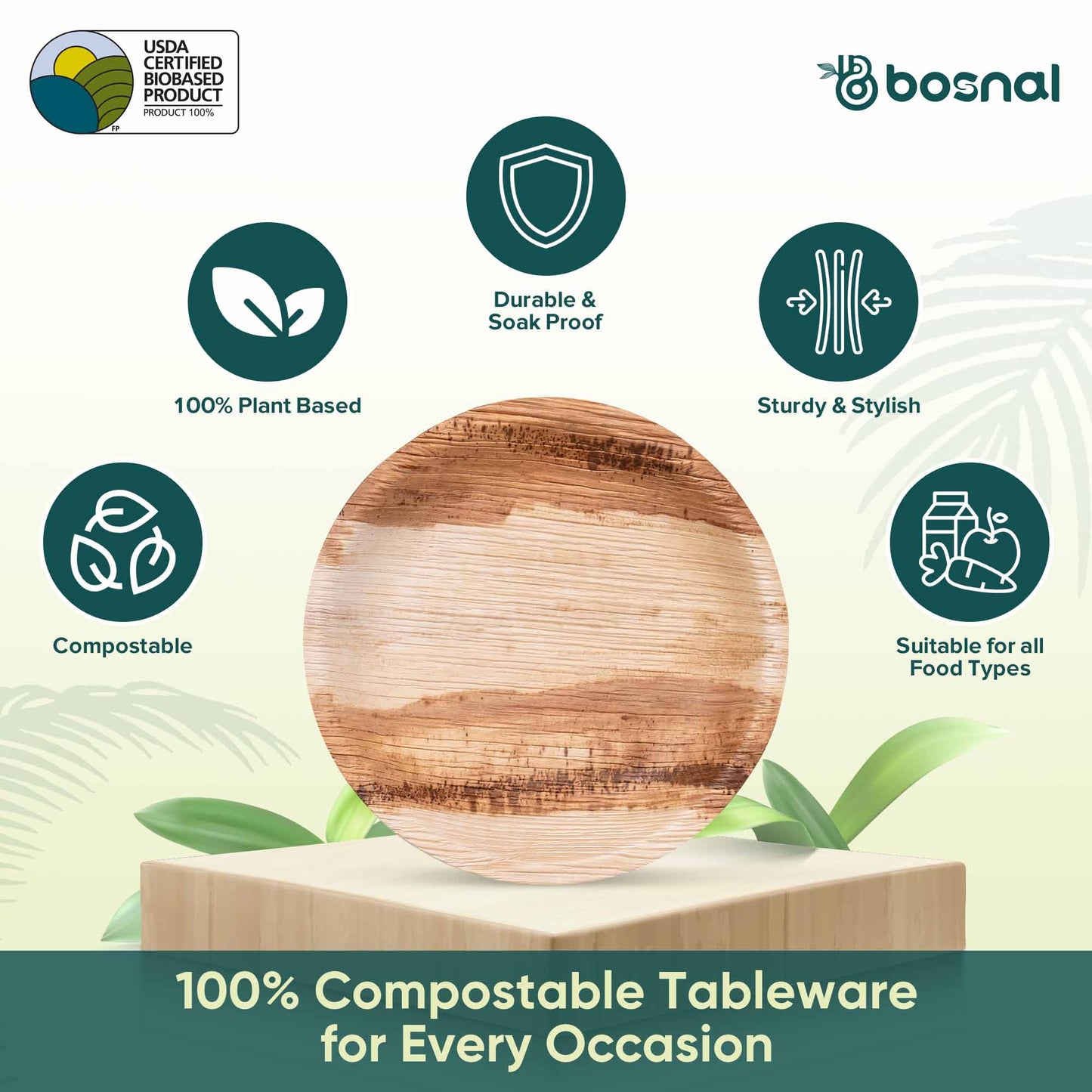 Bosnal - Palm Leaf Biodegradable Plates, 6 inch, Round