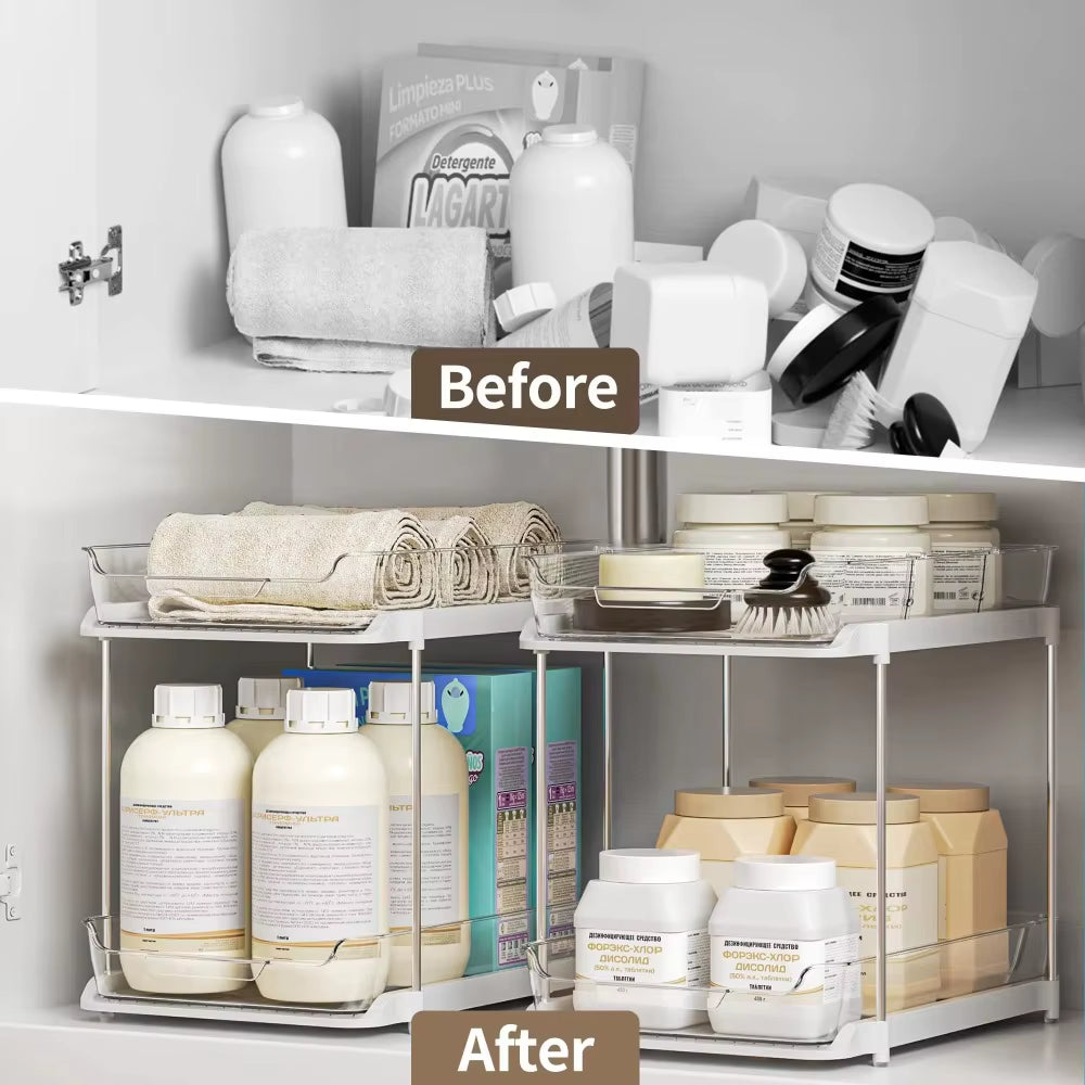 LuxStack™ Clear Acrylic Pull-Out Organizer – 2-Tier/3-Tier Under Sink & Counter Storage Rack